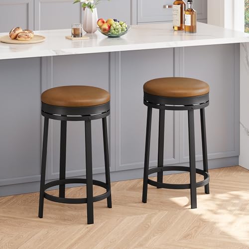 IDEALHOUSE 24'' Swivel Bar Stools Set of 2 with Footrest, Modern Counter Height Barstools with PU Leather Upholstered and Metal Frame, Backless Round Bar Stools for Kitchen Island, Brown