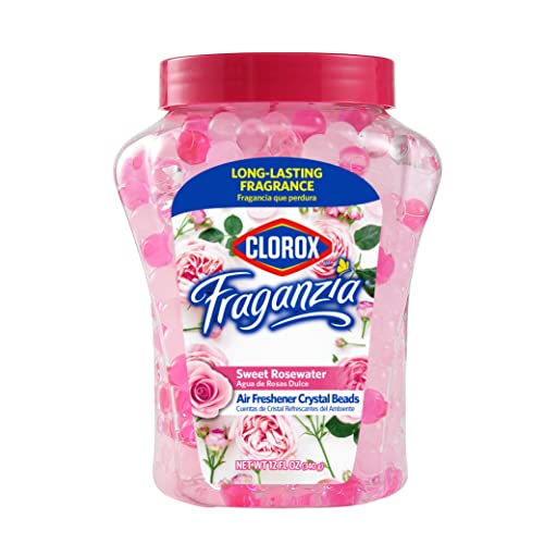 Clorox Fraganzia Crystal Beads Air Freshener, Long Lasting Room Deodorizer and Odor Eliminator Gel Beads to Freshen Home, Car, or Office, Sweet Rosewater Scent, 12 Fl Oz