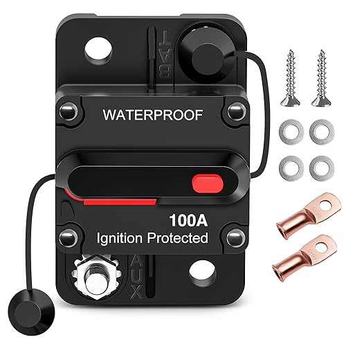 Nilight 100A Circuit Breaker Resettable 12-48V DC Manual Reset w/Copper Wire Lugs Surface Mount Overload Protection for Car Audio Sound Amplifier System RV Marine Boat Truck, 2 Years Warranty