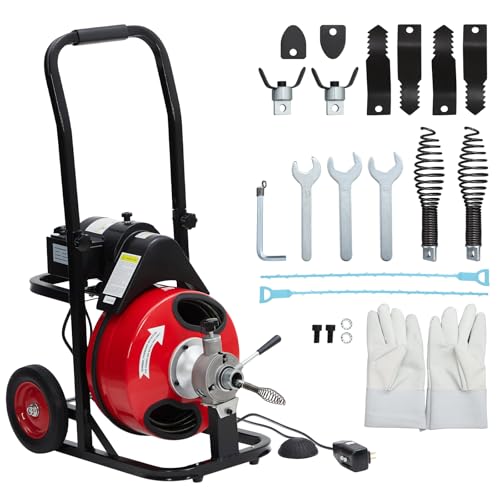 GarveeTech Auto Feed 75 ft x 1/2 in Drain Cleaner Machine with 370W Motor, Portable Sewer Snake Auger with 8 Cutters & Air-activated Foot Switch, Fits 1 in to 4 in Pipes, Black & Red