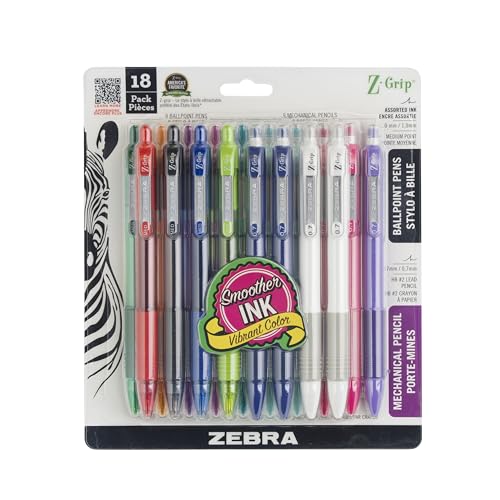 Zebra Pen Z-Grip Writing Set, Retractable Medium Point Ballpoint Pen and Mechanical Pencil, #2 HD Lead Pencils, Assorted Ink Colors, School Supplies, Ideal for Note-Taking, 18-Pack (23618)