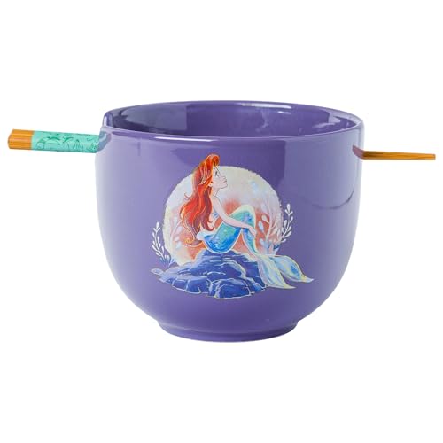 Silver Buffalo Disney Princess The Little Mermaid Boxed Ceramic Ramen Bowl with Chopsticks Featuring Ariel and Flounder, 20 Ounces