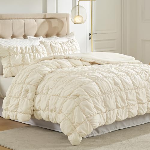 Amélie Home Beige Bubble Comforter Set King Size, 3 Pieces Ultra Soft Cozy Bedding Set for All Seasons, Farmhouse Luxury Gift for Women Home Decor