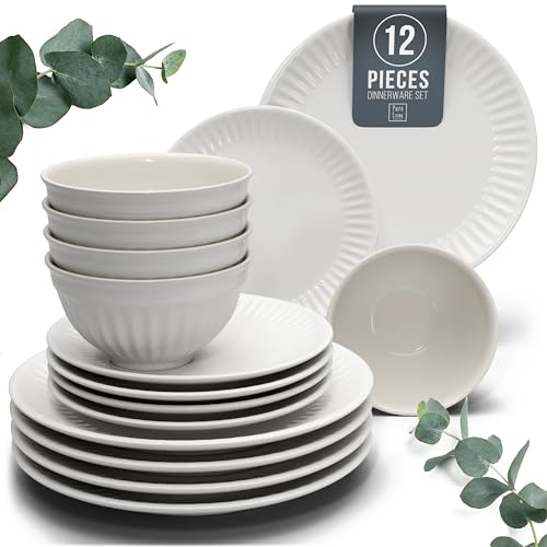 Stoneware Dinnerware Set for 4 People HYGGE 12-Piece - Elegant Scandi Design - Premium Dish Set - Bowl and Plate Set - Tableware for 4 People in a Ribbed Design - Pure Living in White