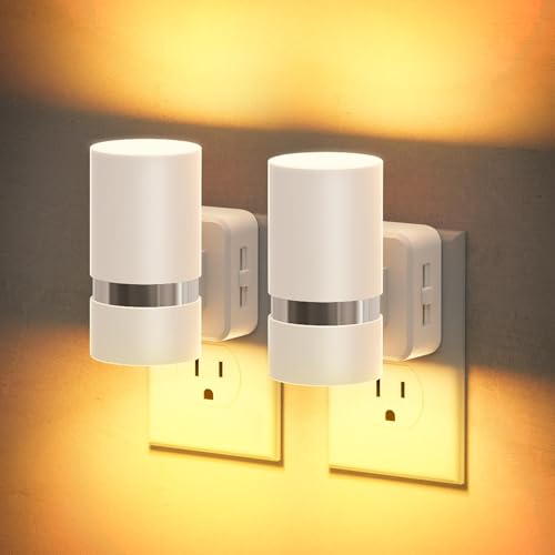 JandCase Night Lights Plug into Wall, Automatic Night Light with Dusk to Dawn, 2 Pack Amber 0-100LM Dimmable Plug in LED Nightlight for Bedroom, Hallway, Stairs
