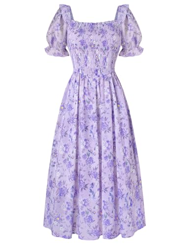 Scarlet Darkness Floral Dress for Women Summer Puff Sleeve Square Neck A Line Flowy Wedding Guest Tea Party Dresses Misty Lilac M