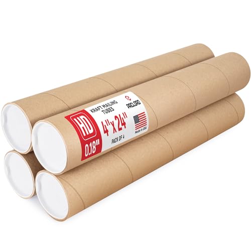 Paclord 4" x 24" Heavy-Duty Reinforced Cardboard Mailing Tube, Pack of 4 Tubes with 8 Caps – Secure USPS Approved – Great for Shipping and Storing of Prints, Artwork, Posters or Documents