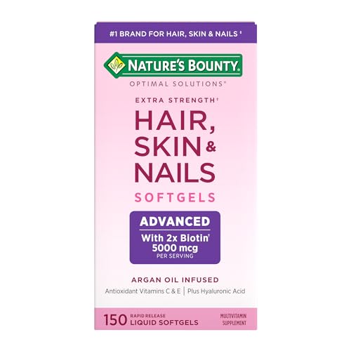 Nature's Bounty Advanced Hair, Skin & Nails, Argan-Infused Vitamin Supplement with Biotin and Hyaluronic Acid, 150 Rapid Release Softgels, 50 Total Servings