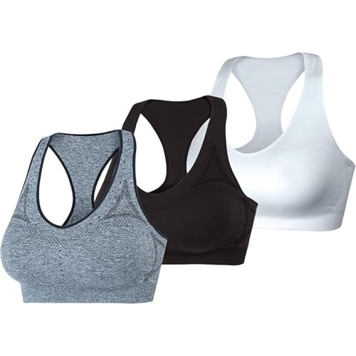 Hanes Women's, Seamless Racerback Sports Bra, Moderate Support, Moisture-Wicking, 1, Black/White/Gray-3 Pack, Medium