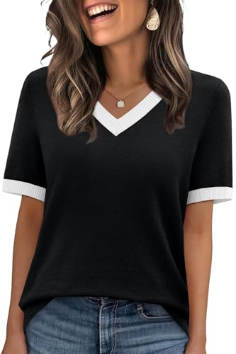 WIHOLL Womens Tops Short Sleeve Sweater Spring Summer Tops for Women 2026 Business Casual Outfits V Neck Work Teacher Clothing Ladies Blouses Beach Vacation Clothes Black M