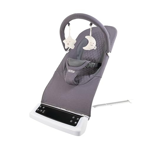 Nuby Deluxe Baby Bouncer Seat - Portable Infant Bouncer with Music, Fun Sounds, and Soothing Vibrations - Digital Display - 0-6 Months - Gray