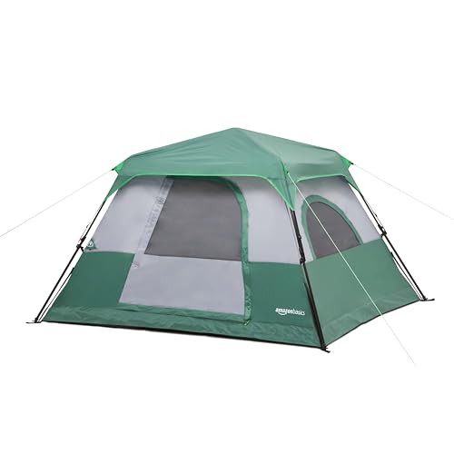 Amazon Basics 4-Person Instant Camping Tent with Rainfly, Easy Setup, Weather-Resistant, Mesh Netting, Spacious Interior, Ample Storage for Hiking and Outdoor Adventures, Green