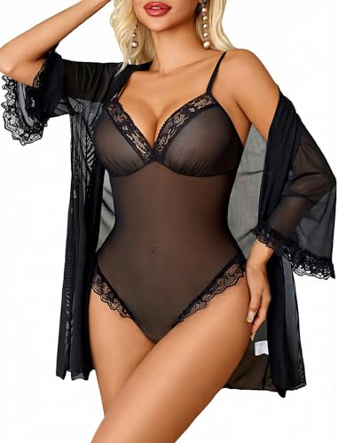 Avidlove Lingerie Sets for Women Sexy Bodysuit 2 Piece Lace Robe Set Mesh Teddy Sleepwear Kimonos Boudoir Lingeries Black S