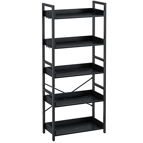 Rolanstar Bookshelf 5 Tier with 4 Hooks, Industrial Wood Bookcase, Vintage Storage Rack with Open Shelves, Rustic Standing Bookshelves Wood Frame Display Rack for Living Room, Bedroom, Black