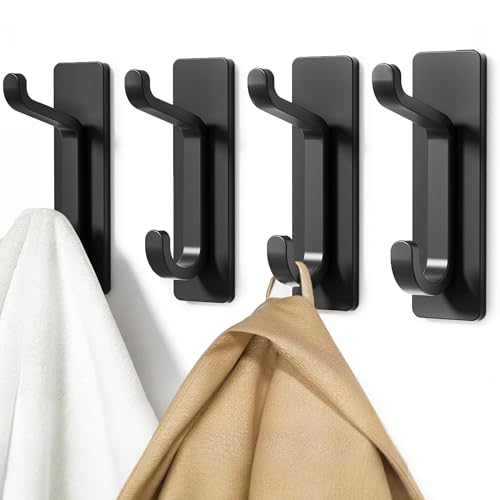 pickpiff Wall Hooks for Coat and Towel: 13LB Strong Adhesive Door Hanger Stick on, Black 4 Pack