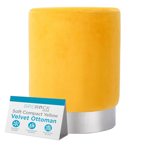 BIRDROCK HOME Round Ottoman Foot Stool – Modern Soft Padded Velvet Vanity Chair with Silver Metal Trim – Accent Chair or Foot Rest for Living Room, Bedroom, or Dressing Room (Yellow)