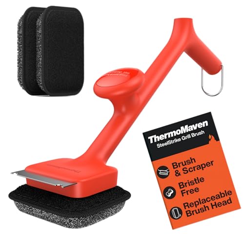 ThermoMaven Bristle-Free BBQ Grill Brush - No Wire Risk Steam Cleaner Removes Burnt Grease Fast - 17" Cool-Touch Handle, Scraper & 3 Replaceable Heads for Gas, Charcoal & Cast Iron