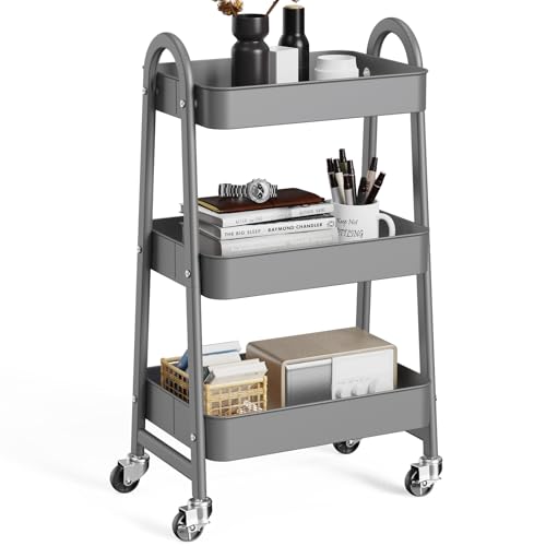 OLIXIS Metal 3 Tiers Utility Rolling Cart, Mobile Storage Shelf with Lockable Caster Wheels, Organization for Livingroom, Bathroom & Narrow Places, Gray