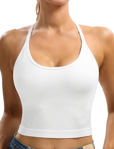 MathCat Cross Back Crop Tank Tops for Women, Longline Seamless Ribbed Padded Sports Bras Light Support White