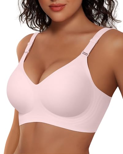 Vertvie Womens Wireless Jelly Bras No Underwire Push Up Seamless Bra Supportive Full Coverage Bralette Regular and Plus Size(Pink,Large)