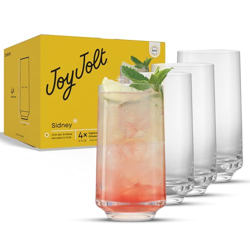JoyJolt Sidney Highball Glasses Set of 4 | 16 oz Drinking Glasses for Water, Soda, Cocktail, Mojito, Tom Collins | Tall Glass Cups | Home Bar Glass Set | Premium Crystal Barware Made in Europe