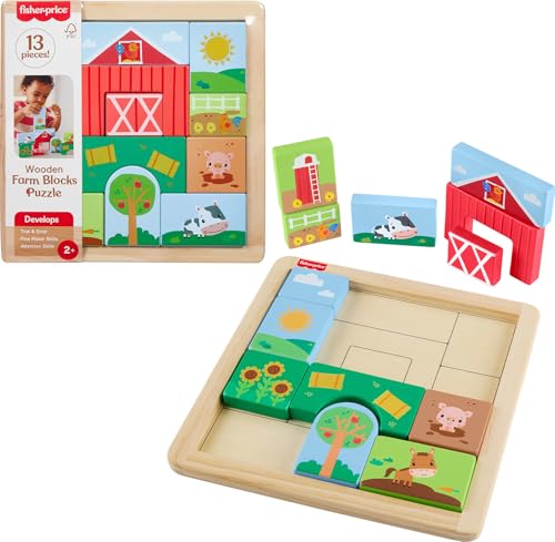 Fisher-Price Wood Toddler Toy Farm Blocks Puzzle, 14-Piece Wooden Activity for Developmental Play Preschool Kids Ages 2+ Years