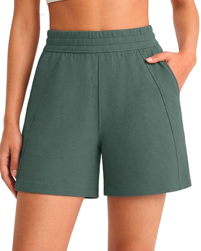 G4Free Lounge Shorts for Women with Pockets Waffle Knit Breathable Summer Wide Leg Shorts for Trendy Casual (Sage Green,L)