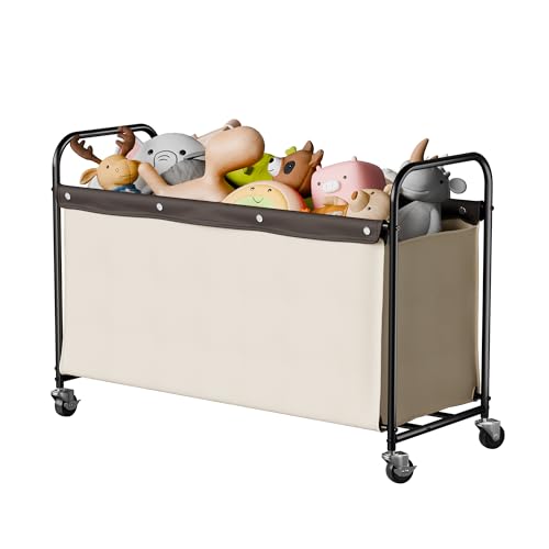 StorageWorks Toy Box with Wheels for Kids, 135L Large Toy Storage Chest and Organizer, 23" Metal Toybox with 360° Swivel Wheels for Bedroom, Kids Room, Stuffed Animal Storage, Beige