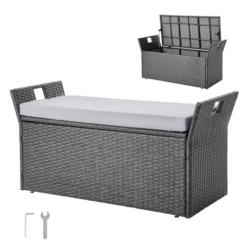 VEVOR Outdoor Storage Bench, 2-Person PE Rattan Storage Bench, 40 Gal Deck Box with Cushion & Side Handle, Supports up to 400 lbs, Outdoor Seating & Porch Decor for Patio Garden Balcony