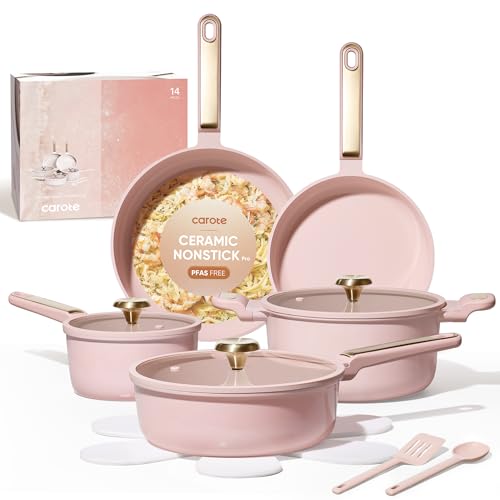 CAROTE Ceramic Cookware Set Nonstick, 14pcs Pots and Pans Set Nonstick, Non-Toxic & PFAS-Free, Dishwasher, RV/Camping Cookware Set, Cooking Pots with Lids, Pink Blush