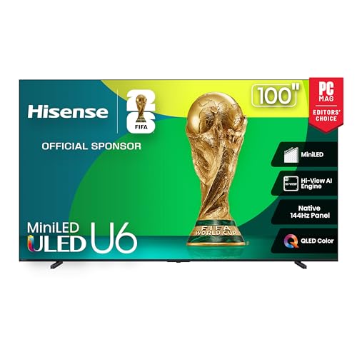Hisense 100" Class U6 Series Mini-LED 4K UHD Smart Fire TV (100U65QF, 2025 Model) - QLED, Native 144Hz, HDR10+, Dolby Vision IQ, Dolby Atmos, Game Mode Pro, ALLM, Alexa Built in, Black