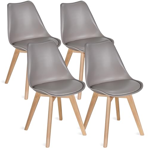 VECELO Dining Chairs Set of 4, Mid-Century Modern Kitchen & Dining Room Chairs, PU Leather Upholstered Seat, Solid Wood Legs, Armless, Non-Slip Feet, Grey