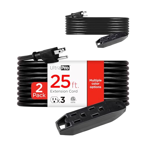 UltraPro 25 Ft Indoor Extension Cords 2 Pack 3 Outlet Power Strip Long Extension Cord with Multiple Outlets Grounded Heavy Duty 16 Gauge ETL Listed Black 50807