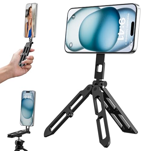 UBeesize Magnetic Portable Tripod for iPhone -MagSafe Mini Phone Stand & Universal Tripod Mount, Foldable Aluminum Phone Holder for iPhone 16/15/14/13/12, Pocket Travel Desktop All in One