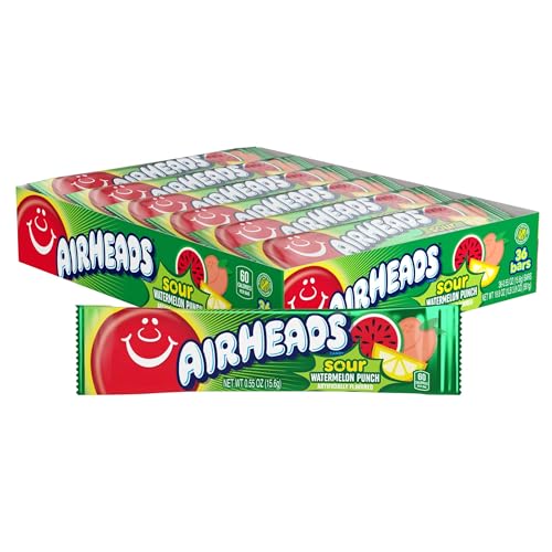 Airheads SOUR Candy Bars, Sour Watermelon Punch Flavored, Bulk, Concessions, Parties, Pack of 36 Bars.