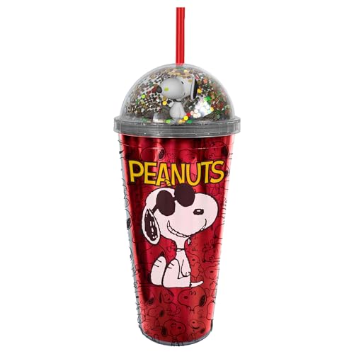 Spoontiques Snoopy Dome Top Tumbler, 20oz - Glitter-Filled Dome Top with Enclosed Figurine & Coordinating Reusable Straw - 10" Tall Double Wall Insulated Travel Cup
