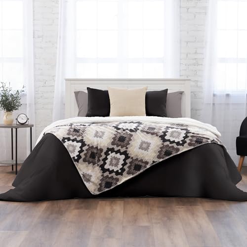 NORTHWEST Ashford Home Cozy Silk Touch Ribbed Throw Blanket with Sherpa, Nadira Ikat 50 x 60 inches