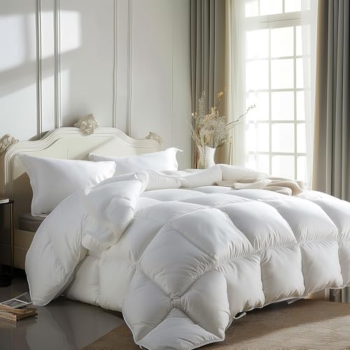 Luxurious Goose Feather Down Fiber Comforter Full Queen Size, Hotel Collection Fluffy 100% Cotton Cover Duvet Insert, 56 oz. Fill Weight, All Season Medium Warmth 90 x 90 Inch White Solid
