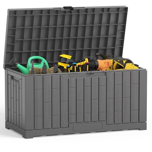 DUMOS 60 Gallon Deck Box, UV Resistant Waterproof Storage Bin for Patio Cushions Gardening Tools, Lockable Resin Outdoor Storage Box with Hundles, Grey
