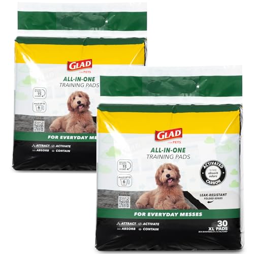 Glad for Pets Extra Large Charcoal Training Pads for Dogs and Puppies, Activated Carbon Odor Control, 6-Layer Absorbent Leak-Proof Pee Pads with Pheromone Attractant, 28 x 30 in, 30 Count - 2 Pack