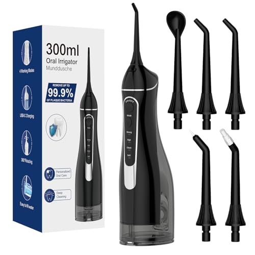 Water Flosser Oral Irrigator, Cordless Rechargeable Water Picks with 4 Modes & 4 Jet Tips, IPX7 Waterproof, 300ml/10oz for Adults, Home & Travel Use