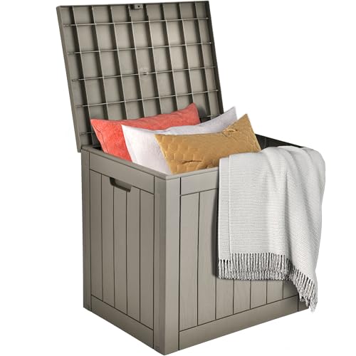 DWVO 30 Gallon Outdoor Storage Box, Weatherproof Lockable Resin Deck Box for Patio Furniture, Pool Accessories, Garden Tools, and Supplies - Brown