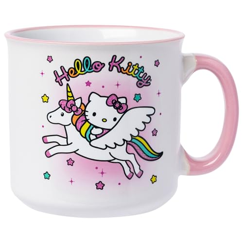 Silver Buffalo Sanrio Hello Kitty Rainbow Unicorn Glitter Ceramic Camper Mug, 20 Ounces