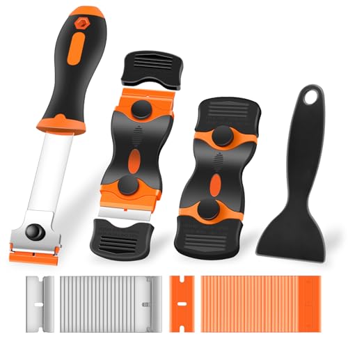 NECAMOCU 4 Pack Razor Blade Scraper, Premium Cleaning Scraper Tool with 50 PCS Metal & Plastic Razor Blades, Multi-Purpose Glass Scraper for Windows, Sticker, Decals, Cooktop, Paint Removal (Orange)