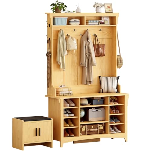IRONCK 80" H 47" W Large Hall Tree with Bench and Shoe Storage, 6-in-1 Entryway Bench with Coat Rack, Adjustable Shelf, Hanging Hooks, 11 Shoe Cubbies, 2-Tier Top Storage for Entryway and Bedroom, Oak