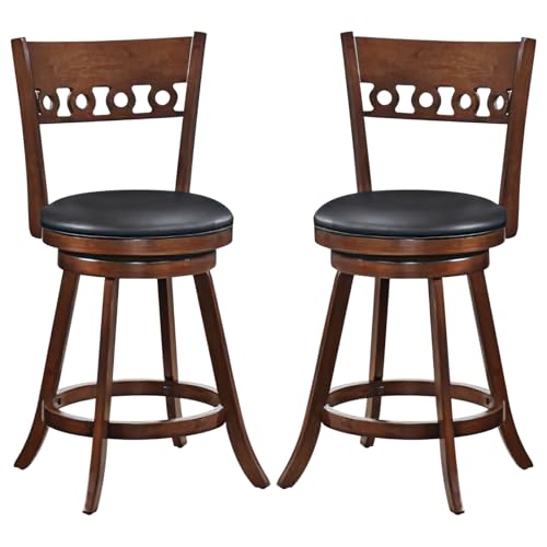 Giantex Swivel Bar Stools Set of 2, 24.5" Counter Height Bar Chairs with Back, Rubber Wood Frame, Upholstered Farmhouse Faux Leather Barstools for Kitchen Island, Dining Room, Pub, Espresso