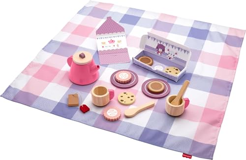 Fisher-Price Wood Pretend Play Toy Picnic Tea Set, 18-Pieces with Blanket, Wooden Cups Saucers & Food for Preschool Kids Ages 3+ Years