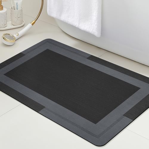 ACCUMTEK Non Slip Bath Mat, Thin Bathroom Rugs Fit Under Door, Quick Dry Bath Mats, Machine Washable Bath Rugs for Bathroom, Bathtub & Kitchen, Bathtub, Black/Bordered/24 x17