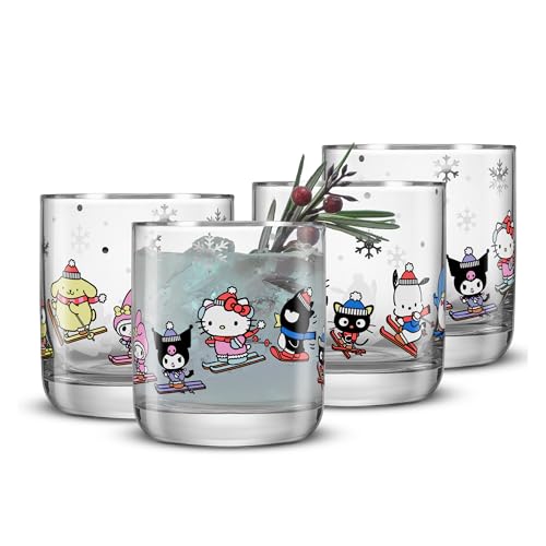 JoyJolt Hello Kitty and Friends Winter Wonderland Short Glasses, Drinking Glasses Set of 4, 10oz Lowball Glass Tumblers, Kawaii Sanrio Hello Kitty Glassware Drinkware Set