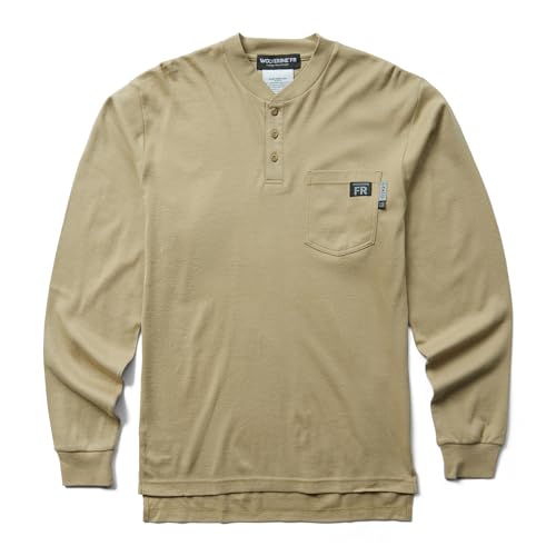 Wolverine Men's Flame Resistant Long Sleeve Henley T-Shirt, Khaki, Large